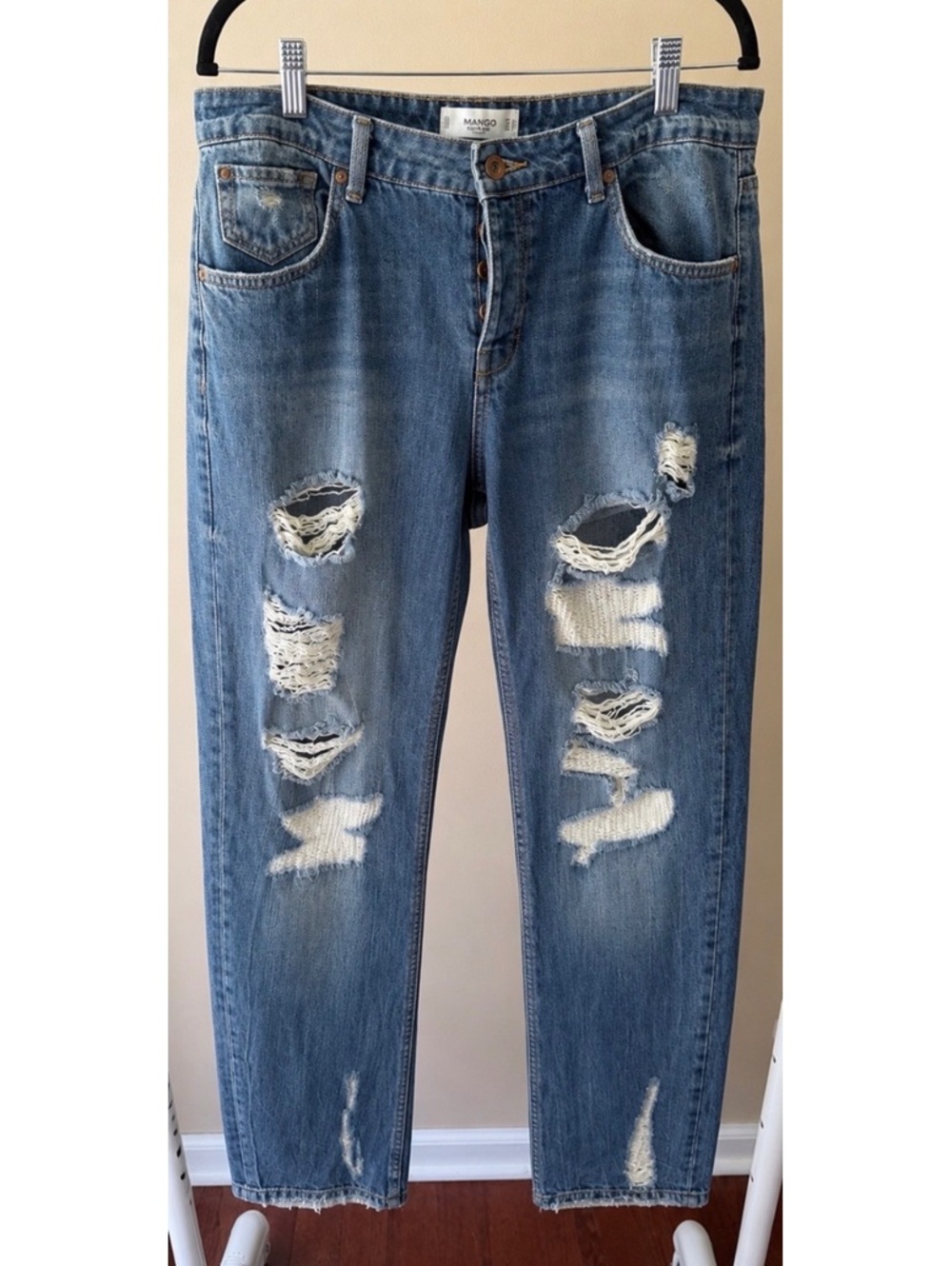 Mango Denim Distressed/ High-waisted Medium Blue Denim Jeans - Size 6
